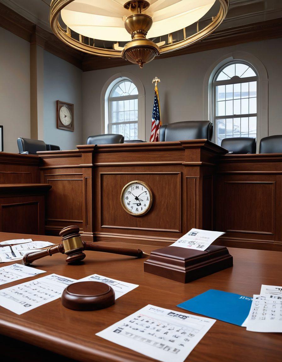 An artistic depiction of a courtroom with a bustling atmosphere, showcasing a gavel striking down while papers and calendars float around, symbolizing court schedules. Include a clock with vibrant hands indicating timely insights, infused with elements of digital design to suggest modernity in legal proceedings. Create a sense of urgency and energy, capturing the essence of staying updated on hearings. super-realistic. vibrant colors. 3D.