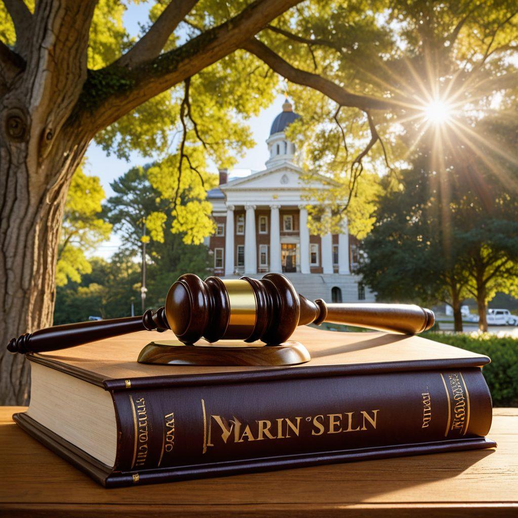A serene courthouse backdrop in North Carolina, with a gavel and legal books in the foreground, showcasing various court calendars spread out. Incorporate elements like the state flag and a compass symbolizing navigation through legal processes. Soft sunlight filtering through oak trees adds a warm ambiance. super-realistic. vibrant colors.